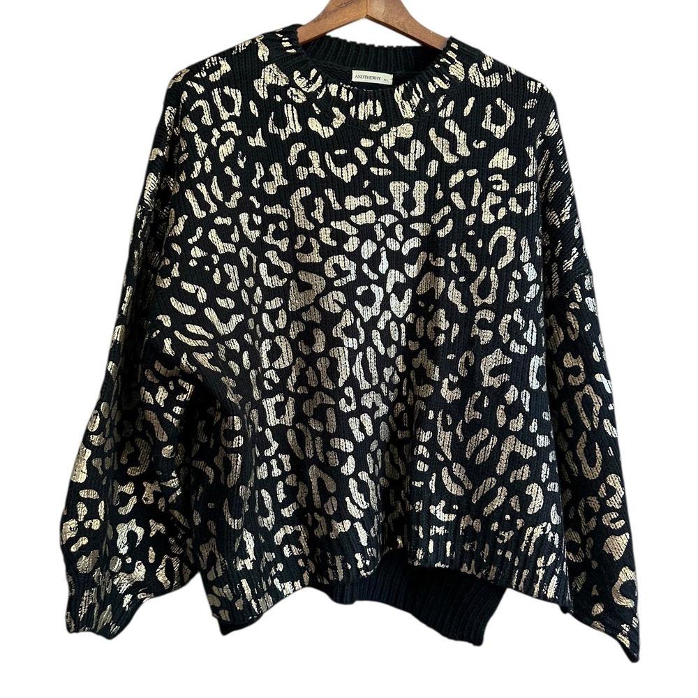 AND THE WHY Black Gold Leopard Print Knit Sweater‎ M L